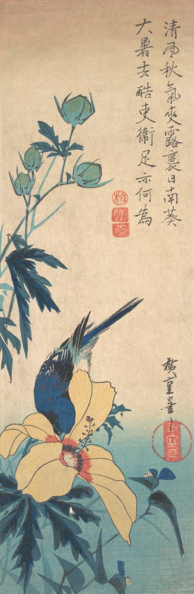 Hibiscus og blåfugl, ca. 1832., ca. 1832. af Ando Hiroshige