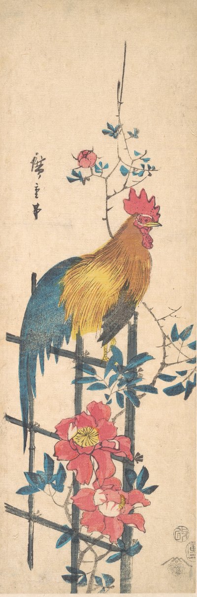 Peony and Cock, 1854., 1854. af Ando Hiroshige