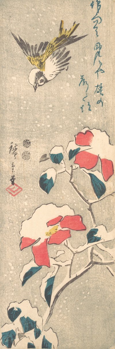 Spurv og snedækket Camellia Tsubaki, ca. 1845., ca. 1845. af Ando Hiroshige