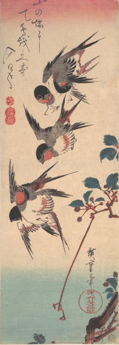 Svaler og vilde kirsebær, ca. 1834., ca. 1834. af Ando Hiroshige
