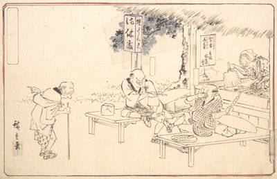 De berømte praktiske jokere Yajirobei på en Wayside Restaurant, ca. 1840., ca. 1840. af Ando Hiroshige