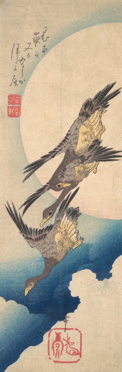 Vilde gæs, der flyver under fuldmånen, ca. 1833., ca. 1833. af Ando Hiroshige