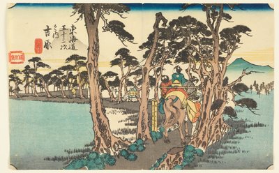 Yoshiwara. Venstre Fuji (Yoshiwara med bjerget Fuji), fra Urbanity Goshuyama Tsugi-na Uchi af Ando Hiroshige