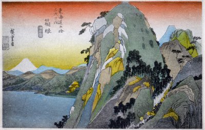Geografi. Japan. Hakone-søen (10. station). Træsnit af Hiroshige i: Fifty Three Stations of the Tokaido (1833-1834). Postkort, Japan, ca. 1900 (postkort) af Ando or Utagawa (after) Hiroshige