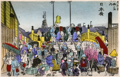 Geografi. Japan. Morgenlyset ved Nihonbashi (1. station). Træsnit af Hiroshige i: Fifty Three Stations of the Tokaido (1833-1834). Postkort, Japan, ca. 1900 (postkort) af Ando or Utagawa (after) Hiroshige