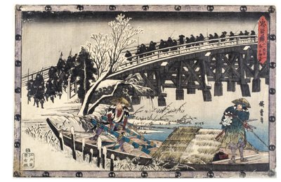 Akt XI. Første episode. Ronin krydser en bro
på vej til Moronaos palæ, Edo-perioden af Ando or Utagawa Hiroshige