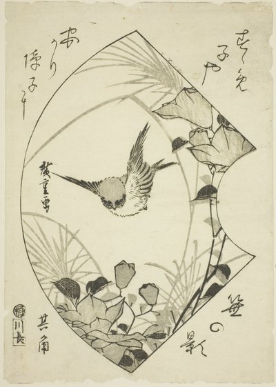 Efterårsblomst og spurv, ca. 1835 (træsnit; koban) af Ando or Utagawa Hiroshige