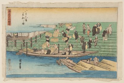 Både, der lægger til kaj ved Hachikenya (Hachikenya chakusen no zu) (farvet træbloktryk) af Ando or Utagawa Hiroshige
