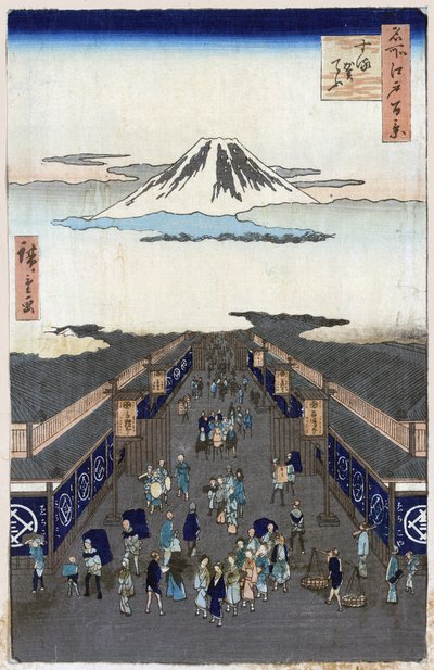 ""One Hundred Famous Views of Edo""(nuværende Tokyo): Udsigt over Surugacho (Suruga cho, Suruga-cho). Udsigt over byen Tokyo i Japan med Mount Fuji i baggrunden. (Surugacho (One Hundred Famous Views of Edo). Japansk tryk af Utagawa Hiroshige (1797-1858) af Ando or Utagawa Hiroshige