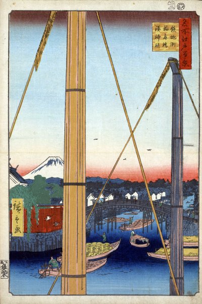 ""Hundrede berømte udsigter over Edo""(nu Tokyo): Inari-broen og Minato-templet i Teppozu. Udsigt over byen Tokyo i Japan med Mount Fuji i baggrunden. (Havnehelligdommen og Inari-broen ved Teppozu (Hundrede berømte udsigter over Edo). Japan print af Ando or Utagawa Hiroshige