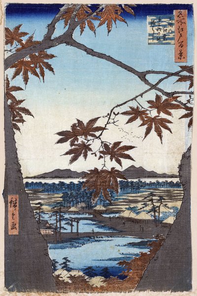 ""One Hundred Famous Views of Edo"" (Dagens Tokyo): Maple Leaves at Mama med Tekona Temple og Tsugi Bridge. Udsigt over byen Tokyo i Japan. (Ahornblade og Tekona-helligdommen og broen ved Mama (Hundrede berømte udsigter over Edo). Japansk træbloktryk af Ando or Utagawa Hiroshige