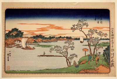 Cherry Trees in Leaf Beside the Sumida River, fra serien Famous Sites in the Eastern Capital, ca. 1831 (farvet træbloktryk) af Ando or Utagawa Hiroshige