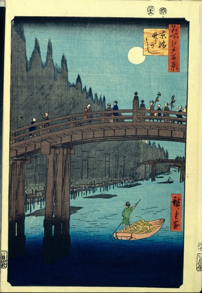 Japansk træbloktryk: The Bamboo Wharf ved Kyobashi Bridge (Tokyo, Japan). Serie hundrede berømte udsigter over Edo. (Bambuskajen ved Kyobashi-broen, hundrede berømte udsigter over Edo). Værk af Utagawa Hiroshige (1797-1858), træsnit (39x26 cm) af Ando or Utagawa Hiroshige