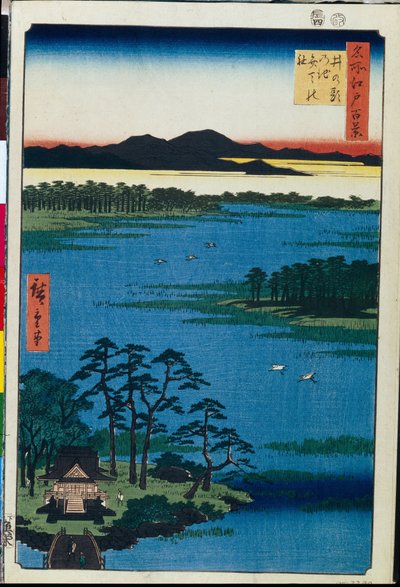 Japansk træbloktryk: Benten-helligdommen ved bredden af ​​Inokashira-søen (Tokyo, Japan) Serie hundrede berømte udsigter over Edo (Benten-helligdommen ved Inokashira-dammen, hundrede berømte udsigter over Edo) - Værk af Utagawa Hiroshige (1797-1858) , træs af Ando or Utagawa Hiroshige