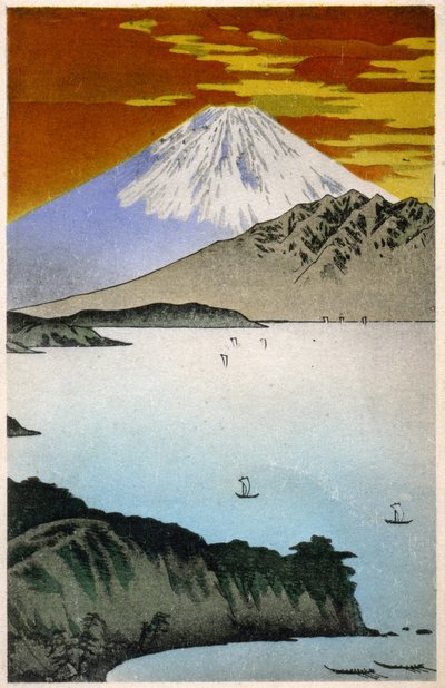 Geografi. Japan. Solopgang på Fuji-bjerget. Træsnit af Hiroshige i: Fifty Three Stations of the Tokaido (1833-1834). Postkort, Japan, ca. 1900 (postkort) af Ando or Utagawa Hiroshige
