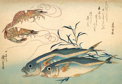 Japansk hestemakrel og japansk tigerreje (farvet træbloktryk) af Ando or Utagawa Hiroshige
