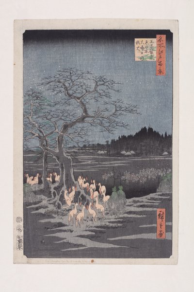 Nytårsaften Foxfires at the Changing Tree, ?ji (?ji Sh?zoku enoki ?misoka no kitsunebi) (træbloktryk i farver) af Ando or Utagawa Hiroshige