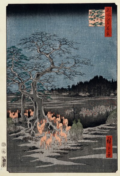 Nytårsaften rævebrande ved nældetræet, Oji, fra serien, "One Hundred Famous Views of Edo af Ando or Utagawa Hiroshige