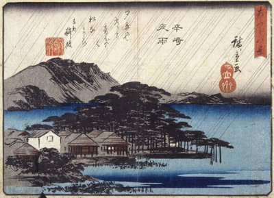 Night Rain At Karasaki (træbloktryk i farver) af Ando or Utagawa Hiroshige