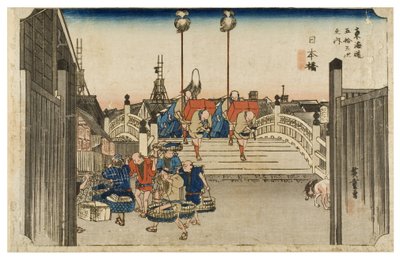 Nihonbashi: Morning View fra serien The Fifty-three Stations of the Tokaido, ca. 1831-1834 (træbloktryk på papir) af Ando or Utagawa Hiroshige