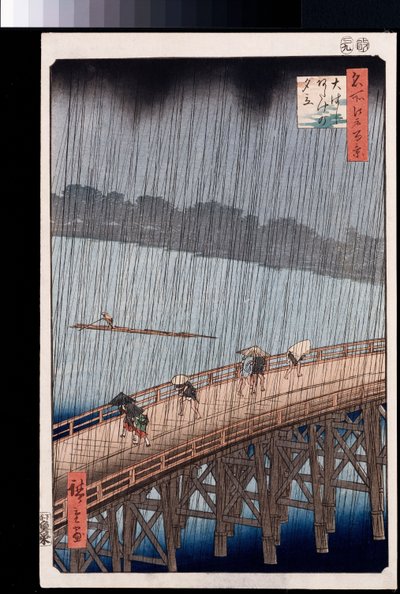 "Ohashi, Sudden Shower at Atake", fra serien "One Hundred Views of Famous Places in Edo" af Ando or Utagawa Hiroshige