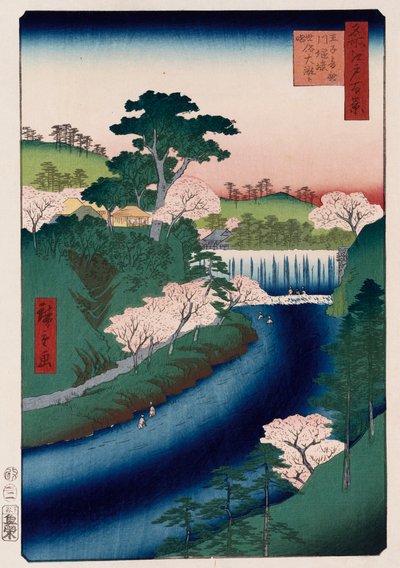 Otonashi River Dam, Oji, populært kaldet Great Waterfall, fra serien "One Hundred Views of Famous Places in Edo" af Ando or Utagawa Hiroshige