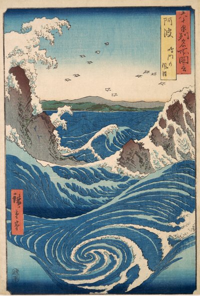 Rough Seas at the Whirlpools of Awa, from Views of Famous Places in the Sixty-Odd Provinces, pub.1855 (farve-træsnit) af Ando or Utagawa Hiroshige