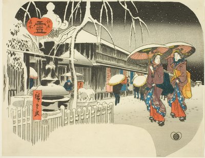 Snow (Yuki), fra serien "Famous Places of Edo, ca. 1849-52 (farvet træbloktryk; uchiwa-e) af Ando or Utagawa Hiroshige