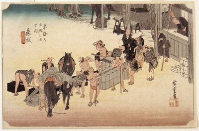Station 23, Fujieda (træblok i farver, kuglepen, blæk, blyant) af Ando or Utagawa Hiroshige