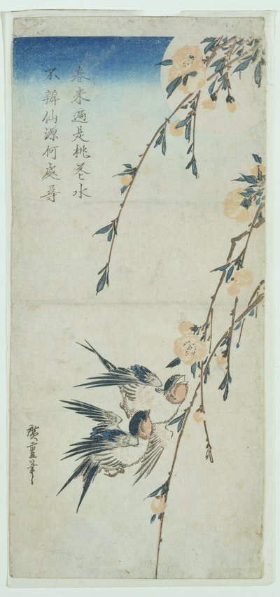 Svaler og ferskenblomster i måneskin (træbloktryk) af Ando or Utagawa Hiroshige