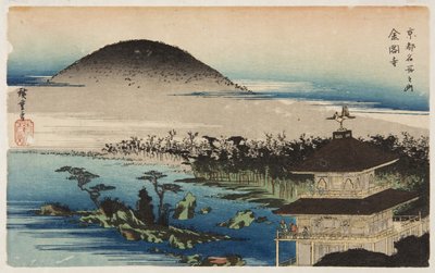 The Temple of the Golden Pavillion (Kinkaku-ji) (farvet træbloktryk) af Ando or Utagawa Hiroshige