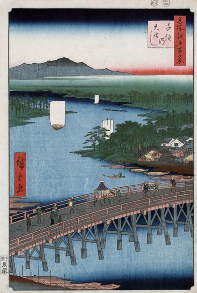 Senjus store bro krydser Sumida-floden med bjerge i baggrunden, træsnit af Ando Hiroshige af Ando or Utagawa Hiroshige
