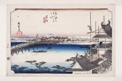 Yoshida: te toyokawari-broen (yoshida, toyokawabashi) af Ando or Utagawa Hiroshige