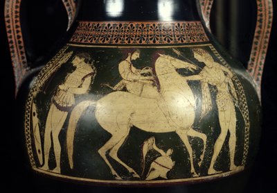 Lofts amfora med hvid figur, der forestiller amazoner, der forbereder sig til kamp, ca. 525-520 f.Kr. (keramik) (detalje) af Andokides Painter