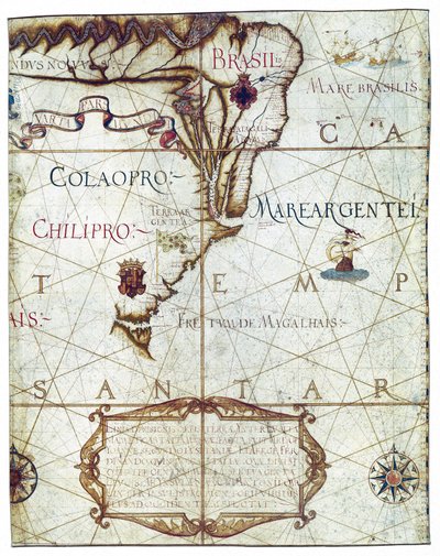 Kort over Sydamerika, i Universa og Navigabilis Totius Terrarum Orbis Descriptio 1559 (farvemanuskript) af André Homem