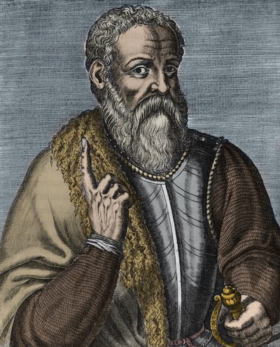 Hernando Cortez eller Cortes (1485-1547) Spansk conquistador-gravering efter Andre Thevet (1516-1590) - Portræt af conquistadoren Hernan (ou Hernando) Cortes ou Fernand Cortez (1485-1547) af Andre (after) Thevet