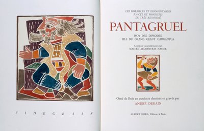 Titelsiden af "Les horribles et espouvantables faictz et prouesses du tres renomme Pantagruel, Roy des Dipsodes, fils du grand geant Gargantua. Compose nouvellement par Maitre Alcofybras Nasier