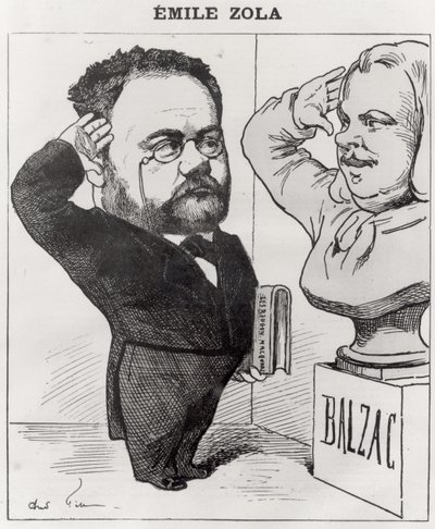 Karikatur af Emile Zola (1840-1902), der hilser på en buste af Honore de Balzac (1799-1850) 1878 af Andre Gill
