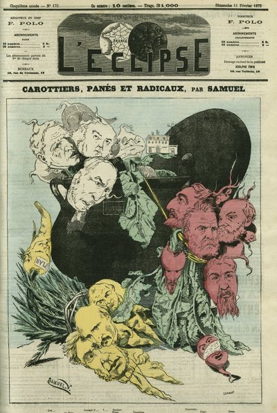 Gulerødder, ruder og radikale, de forskellige politiske partier i grøntsager i magtens gryde. Tegning, der erstatter tegneserien af Gill, censuree. Cover i "" L