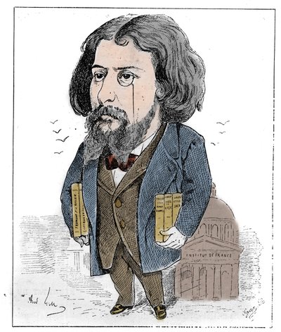 Tegneserie af Alphonse Daudet (1840-1897), en fransk forfatter, repræsenteret med sine bøger og sin monokel ved Institut de France i Paris. Tegning af Andre Gill. Gravering i "" Le Monde Illustré"" af Andre Gill