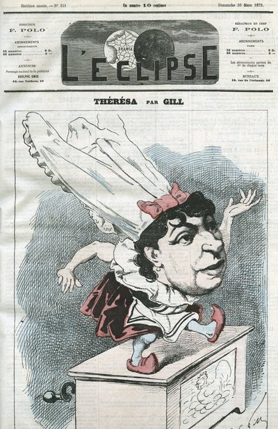 Tegnefilm af Emma Valendon kaldet Theresa (1837-1913), fransk populær sangerinde. Cover i "" L