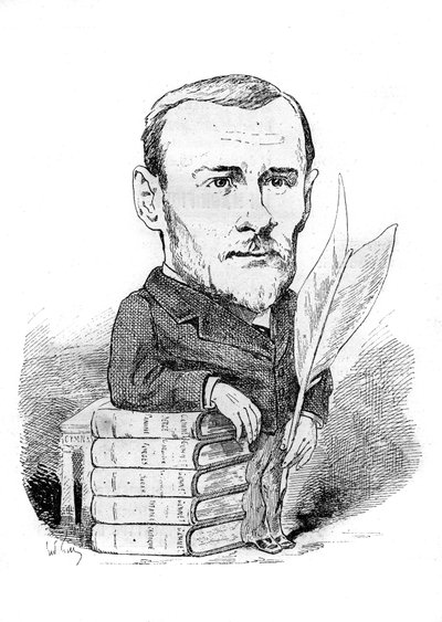 Tegneserie af Georges Ohnet (1848-1918), en fransk forfatter, der repræsenterer med sine bøger og kuglepen. Tegning af Andre Gill. Gravering i "" Le Monde Illustré"" af Andre Gill