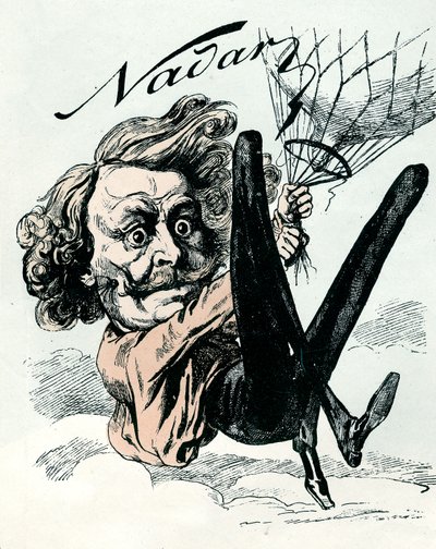 Tegneserie af Felix Nadar, pioner inden for luftbilleder i 1858, her hængende fra hans ballon (gravering) af Andre Gill