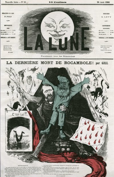Tegneserie af "La last mort de Rocamole"" og dens forfatter, Pierre Alexis Ponson du Terrail (1829-1871). Tegnefilm af Gill, i "Månen", 26. august af Andre Gill