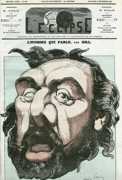 Tegneserie af "manden der taler"", Leon Gambetta (1838-1882), fransk politiker. Cover i "" L
