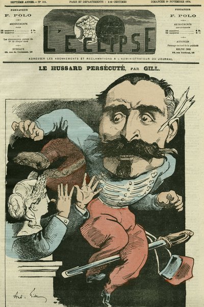 Tegnefilm "" husaren forfølger (af Marianne, der gør sin næse), Monsieur de Saint-Genest (Saint Genest). Cover i "" The Eclipse"" af Gill, 29. november af Andre Gill