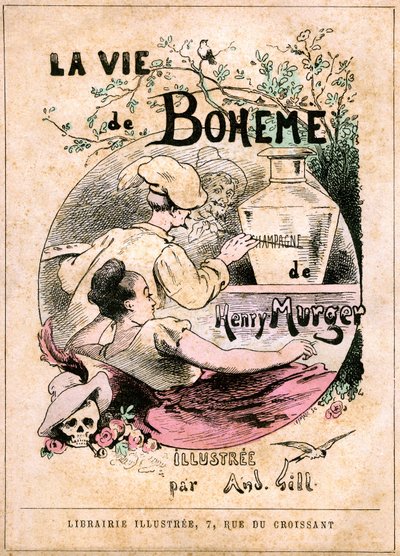 Forside til bogen "The Life of Boheme"" af Henry Murger: maler, der maler ordet "" champagne "" på en vase foran en ung kvinde af Andre Gill