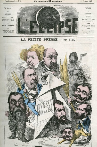 Oprettelse af ""La Petite Presse"", med Jannin, Delsaux, Hermant, Hemery, De Balathier, Bragelonne, Dumas, Ponson du Terrail, Jean du Boys, Revillon og Coste. Cover i "" The Eclipse"" af Gill, 9. februar af Andre Gill
