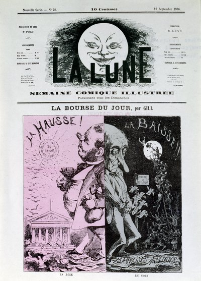 Gills dagens legat. I pink: stigningen i francen. I sort: fald og dårlige handlinger. Børserne rejser til Belgien. En af avisen "La Lune"" af 16. september af Andre Gill