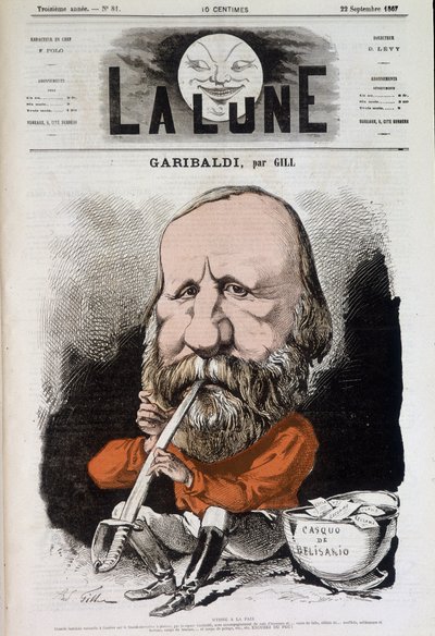 Giuseppe Garibaldi (1807-1882), hymne til fred - af Gill, i "Månen"" fra 22/09/1867 af Andre Gill